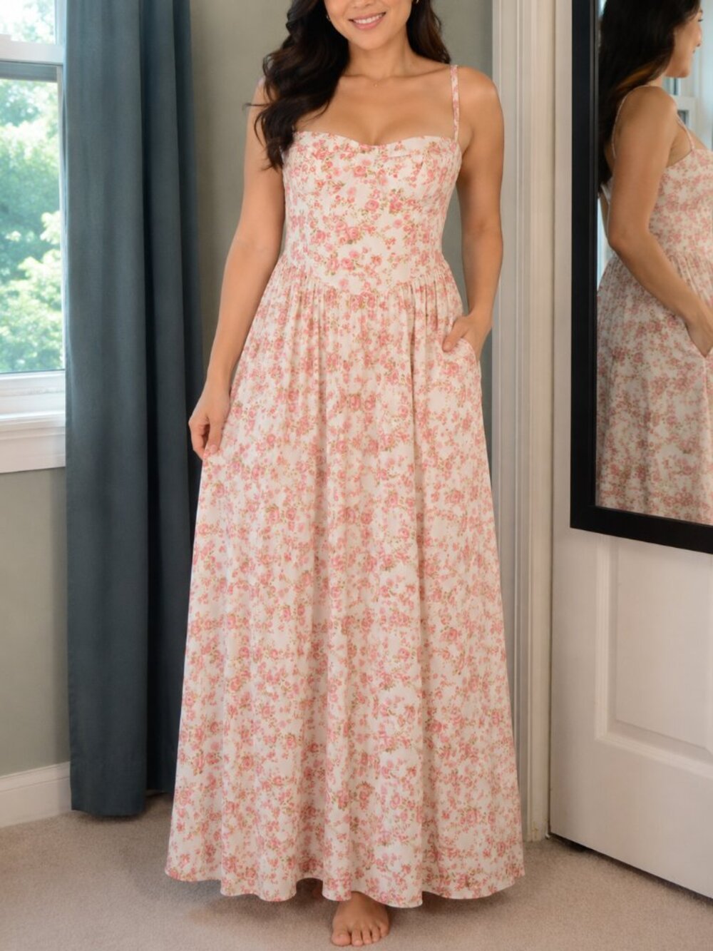 Floral Cottagecore Maxi Dress Pink Rose Corset Bust Cami Cottage Size Medium